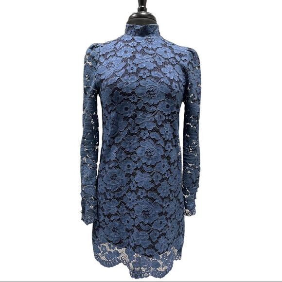 Zara Blue Lace Mini Dress with Mock Neck & Scallop Hem – Size M - Picture 1 of 15